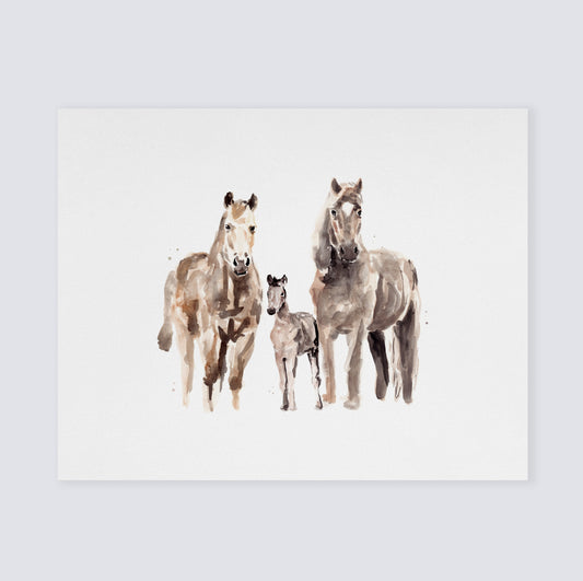 Horse Family of 3 Farm Animal Watercolor Art Print for Farm Nursery or Ranch House Decor by Moon Rock Prints