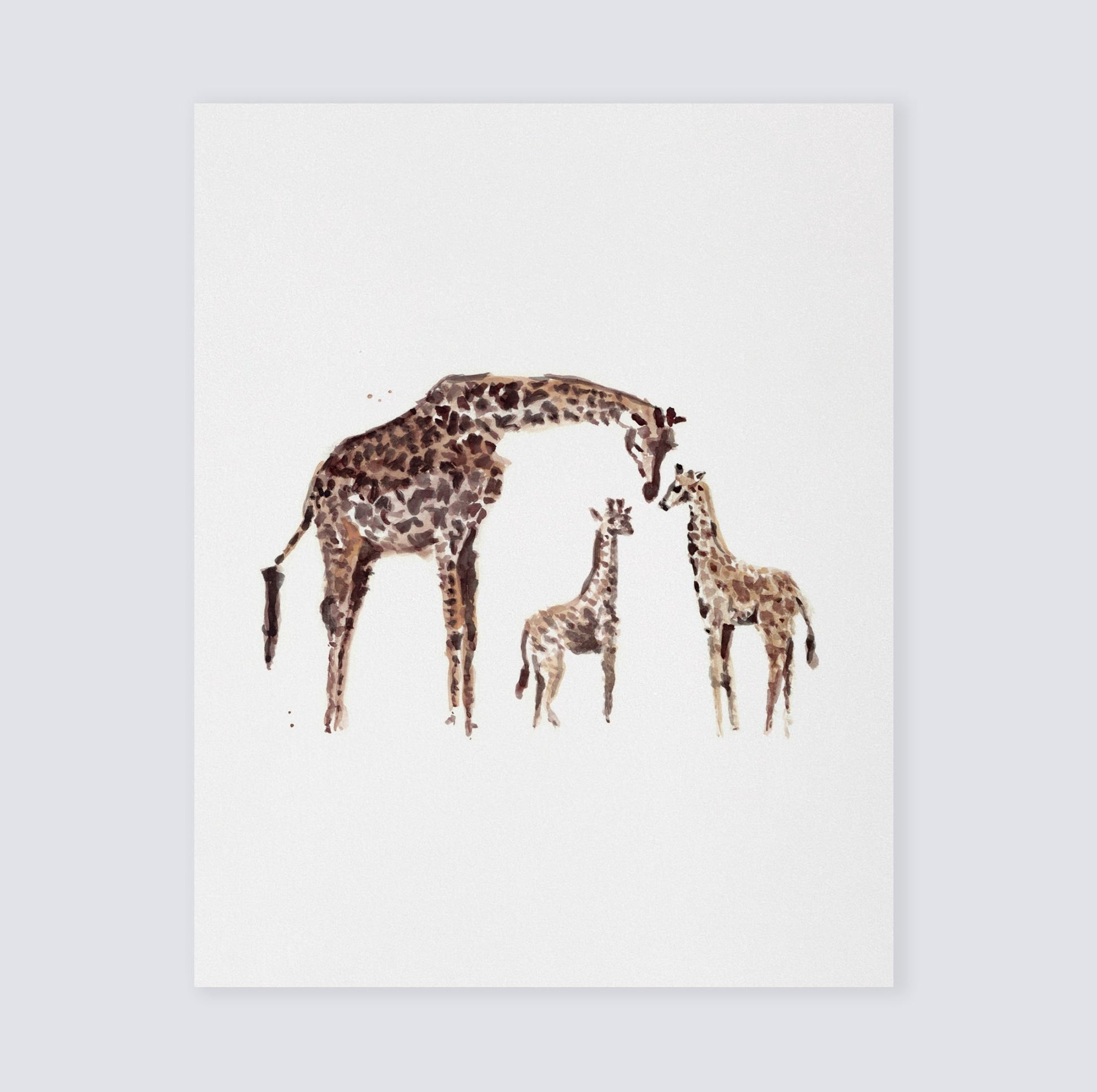 Baby Giraffes with Mom Safari Animal Watercolor Art Print - Art Prints - Moon Rock Prints