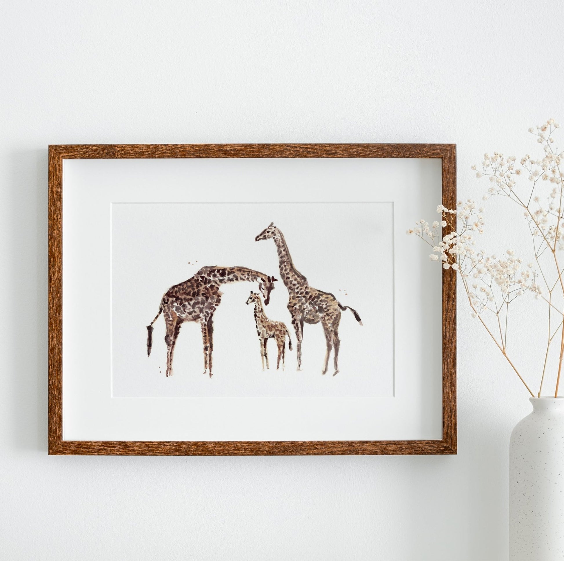 Baby Giraffes with Mom Safari Animal Watercolor Art Print - Art Prints - Moon Rock Prints