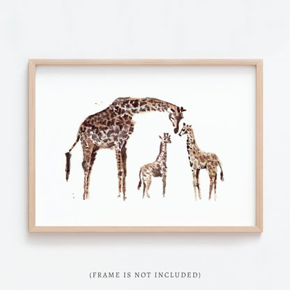 Baby Giraffes with Mom Safari Animal Watercolor Art Print - Art Prints - Moon Rock Prints