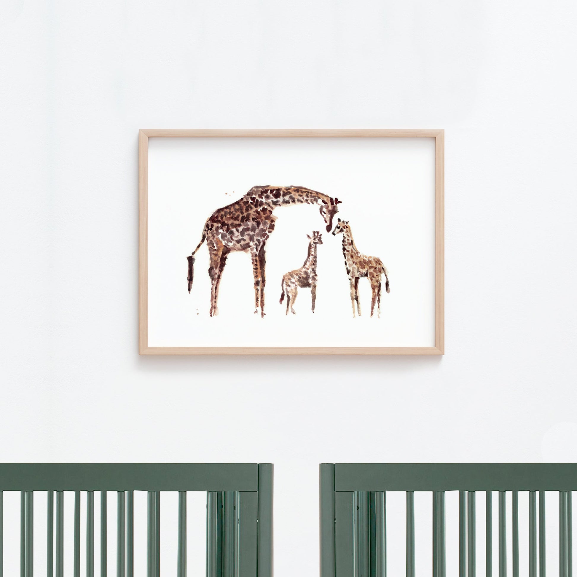 Baby Giraffes with Mom Safari Animal Watercolor Art Print - Art Prints - Moon Rock Prints