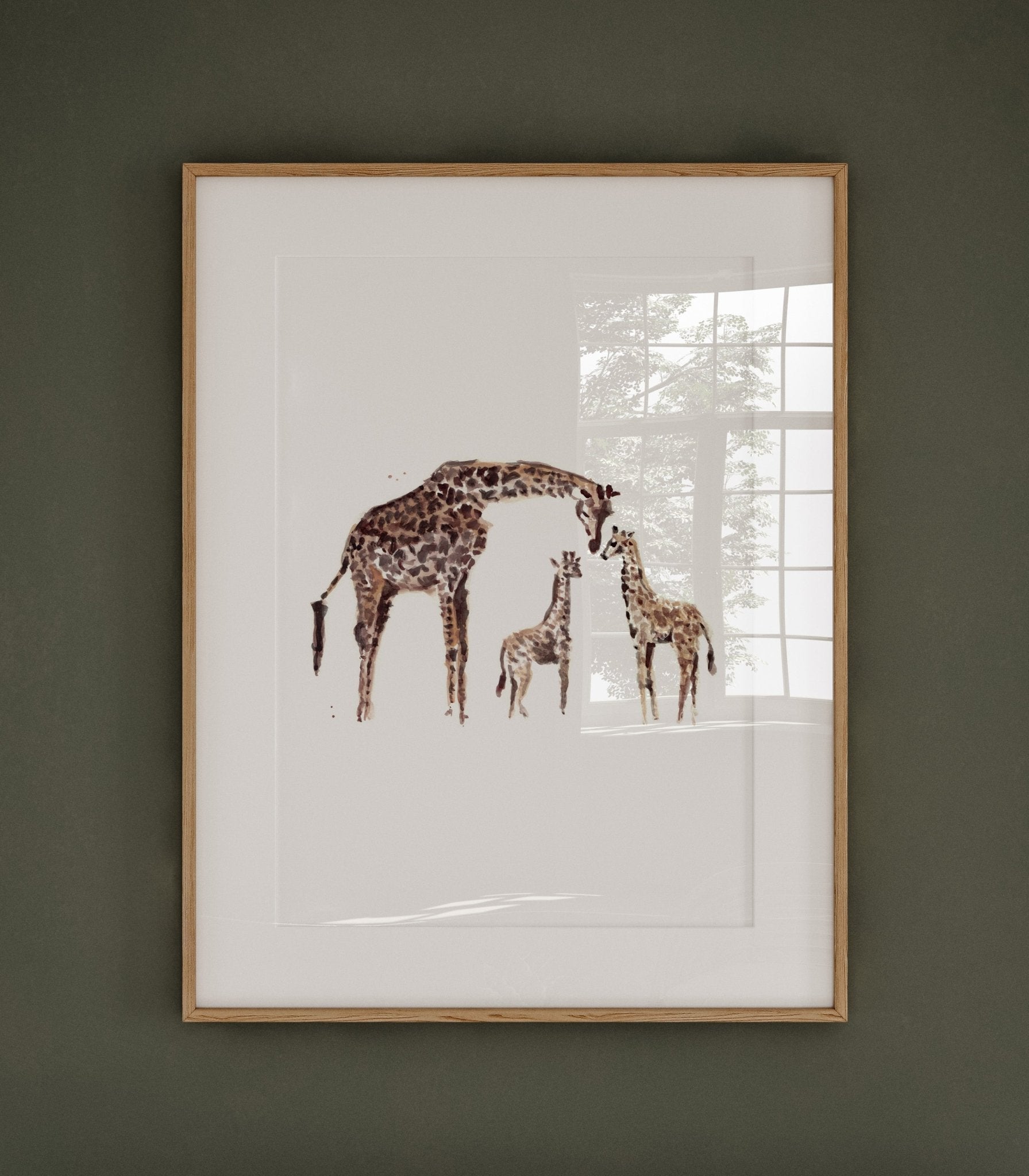 Baby Giraffes with Mom Safari Animal Watercolor Art Print - Art Prints - Moon Rock Prints