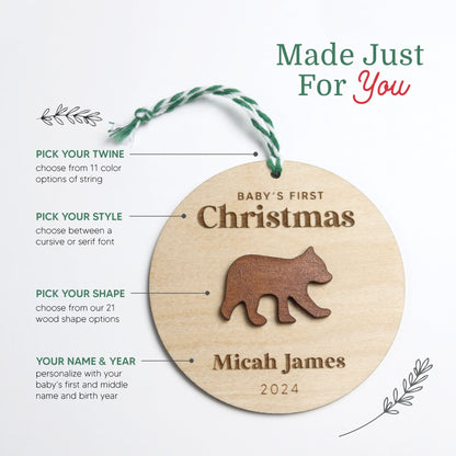 Bear Baby's First Christmas Ornament Personalized - Holiday Ornaments - Moon Rock Prints