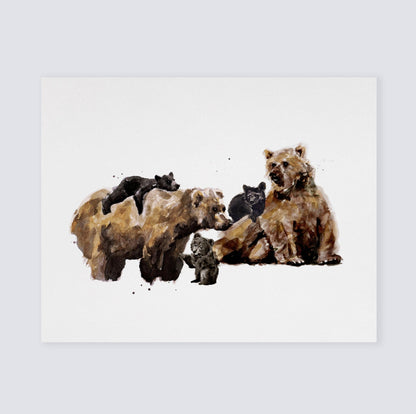 Bear Family of 5 Woodland Animal Watercolor Art Print - Art Prints - Moon Rock Prints