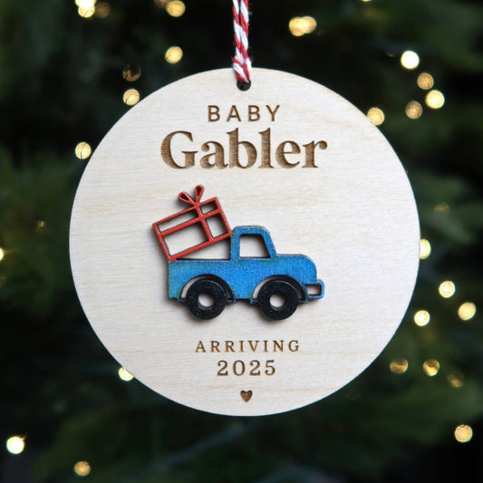 Blue Truck Pregnancy Announcement Ornament - Holiday Ornaments - Moon Rock Prints