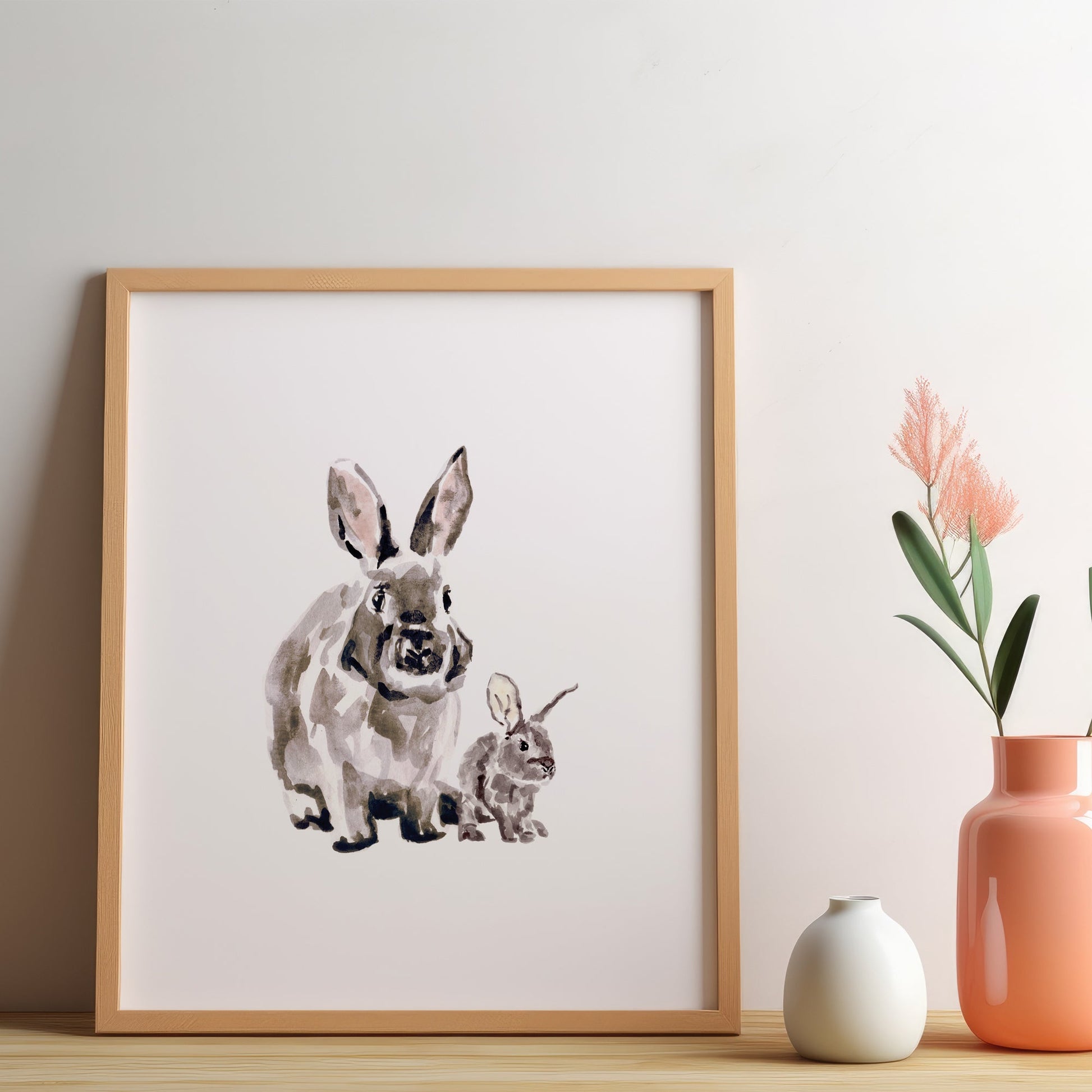 Bunny and Baby Bunny Woodland Animal Watercolor Art Print - Art Prints - Moon Rock Prints