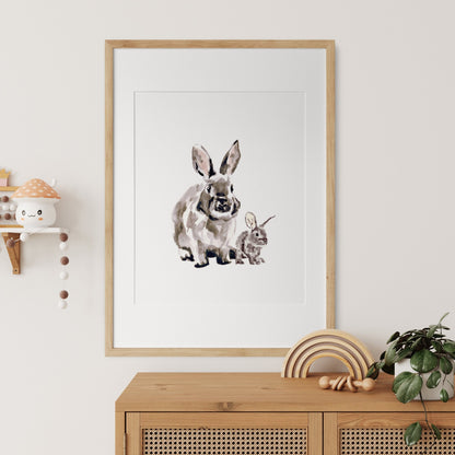 Bunny and Baby Bunny Woodland Animal Watercolor Art Print - Art Prints - Moon Rock Prints