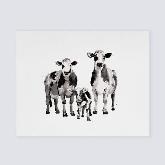 Cow Family of 3 Farm Animal Watercolor Art Print - Art Prints - Moon Rock Prints