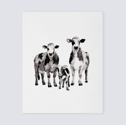 Cow Family of 3 Farm Animal Watercolor Art Print - Art Prints - Moon Rock Prints