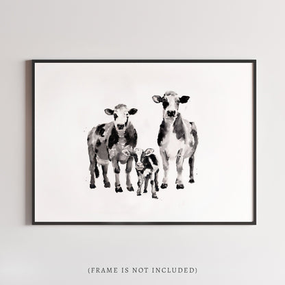 Cow Family of 3 Farm Animal Watercolor Art Print - Art Prints - Moon Rock Prints