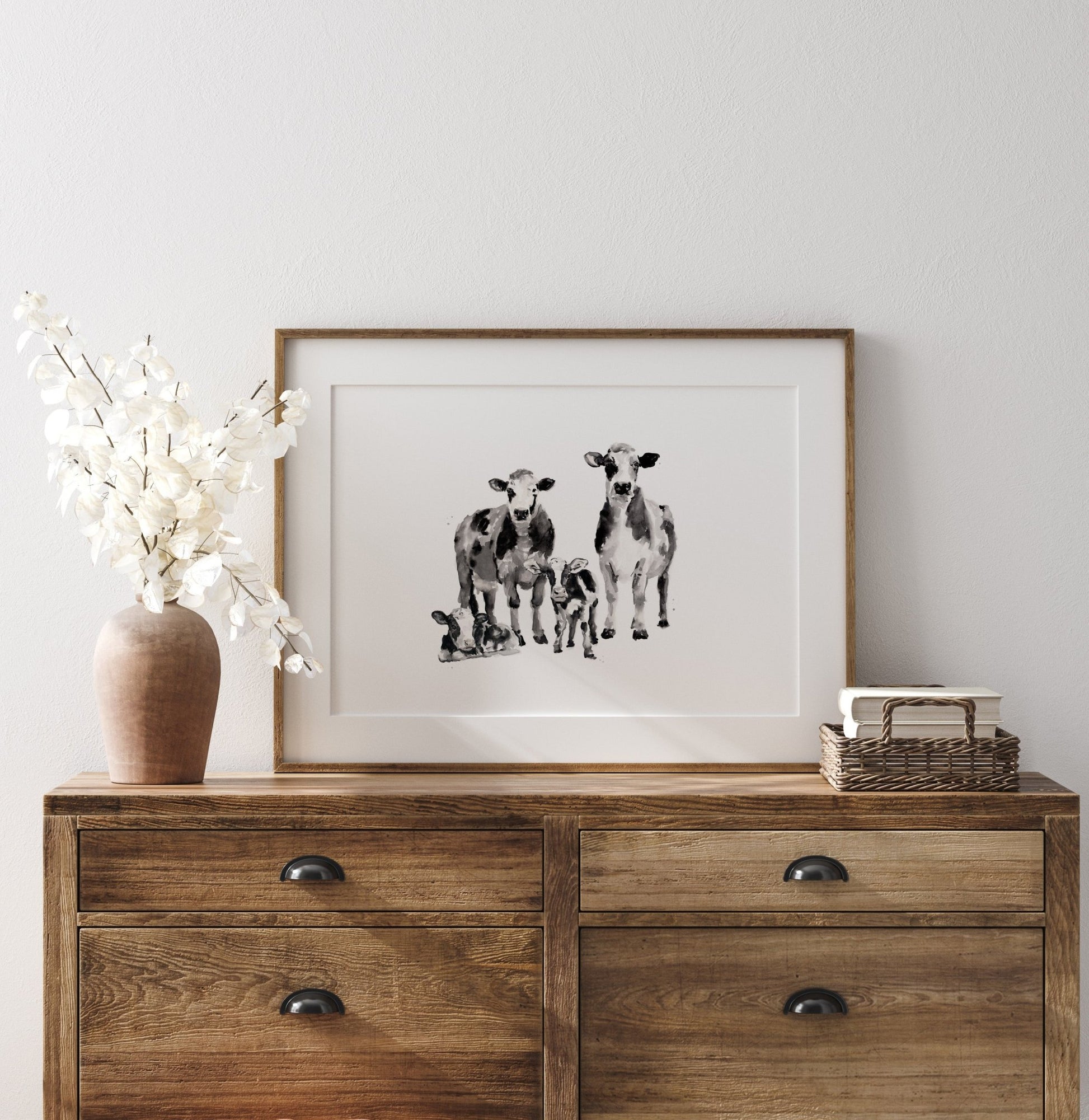 Cow Family of 4 Farm Animal Watercolor Art Print - Art Prints - Moon Rock Prints