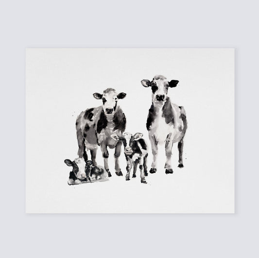 Cow Family of 4 Farm Animal Watercolor Art Print - Art Prints - Moon Rock Prints