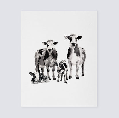 Cow Family of 4 Farm Animal Watercolor Art Print - Art Prints - Moon Rock Prints