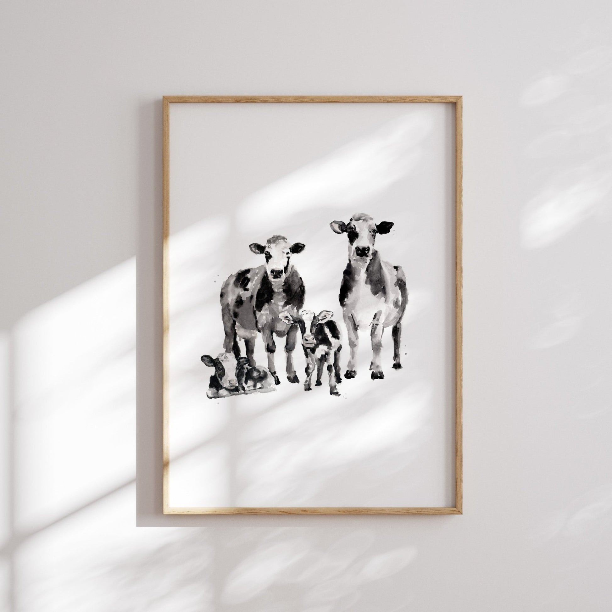 Cow Family of 4 Farm Animal Watercolor Art Print - Art Prints - Moon Rock Prints