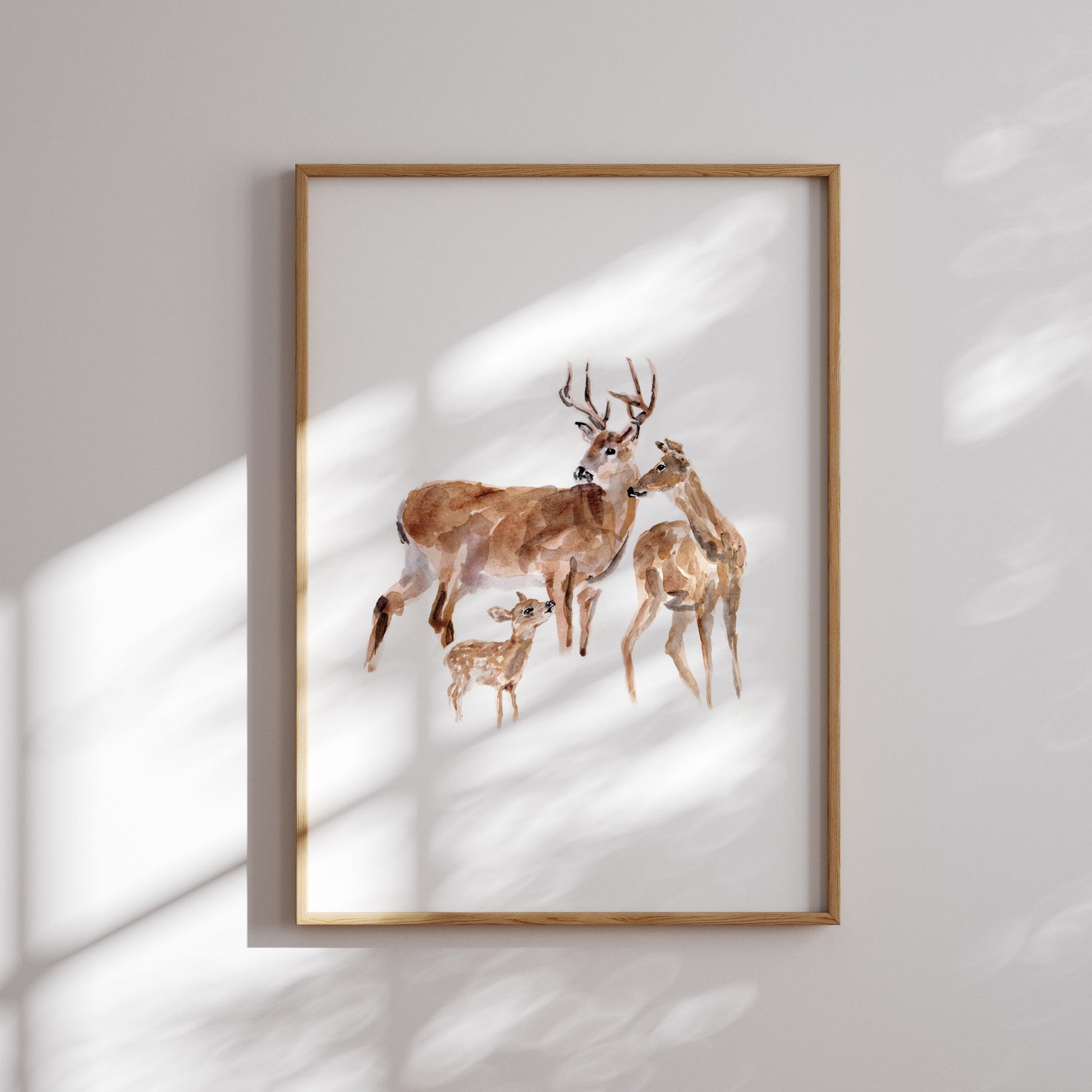 Deer Family of 3 Woodland Animal Watercolor Art Print - Art Prints - Moon Rock Prints