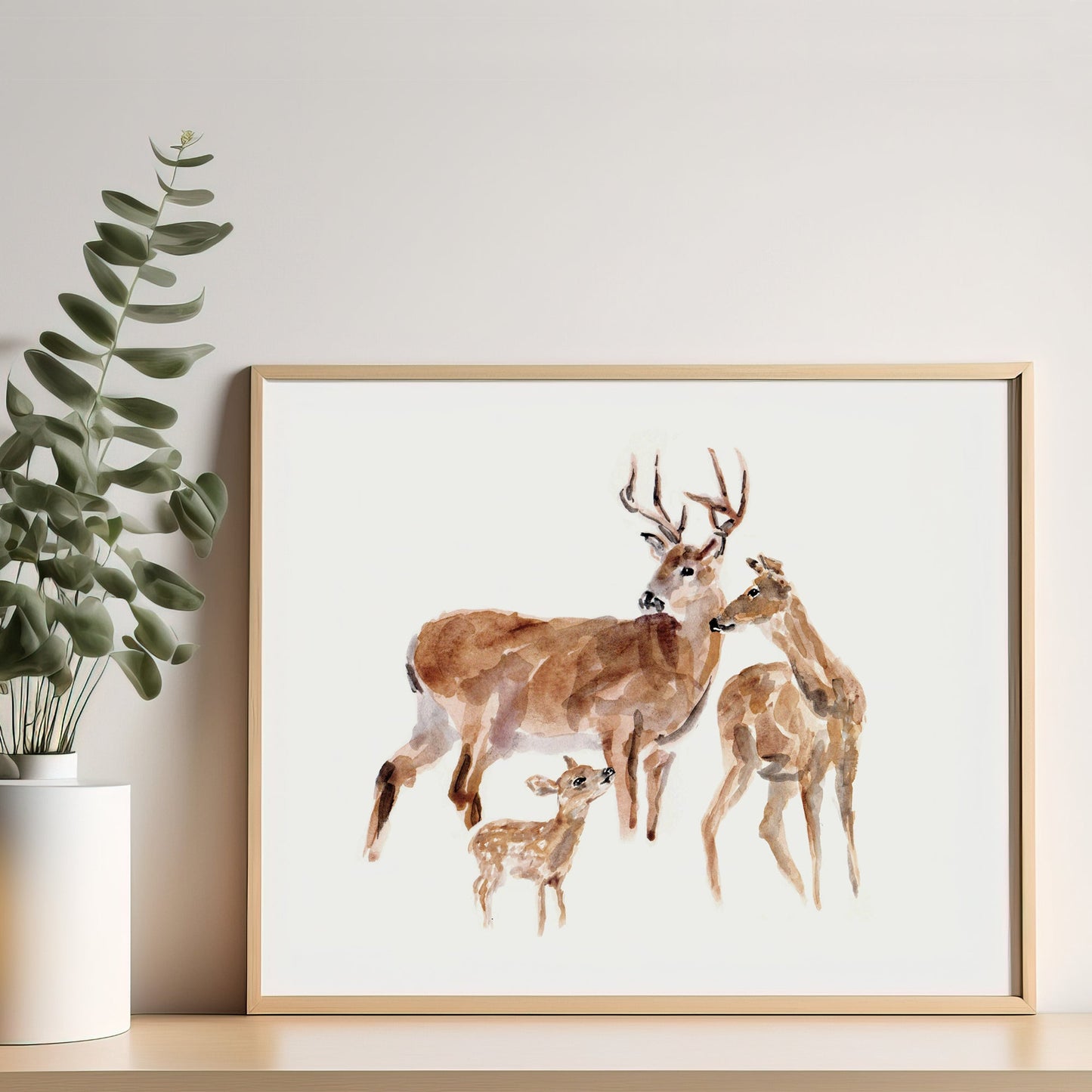 Deer Family of 3 Woodland Animal Watercolor Art Print - Art Prints - Moon Rock Prints