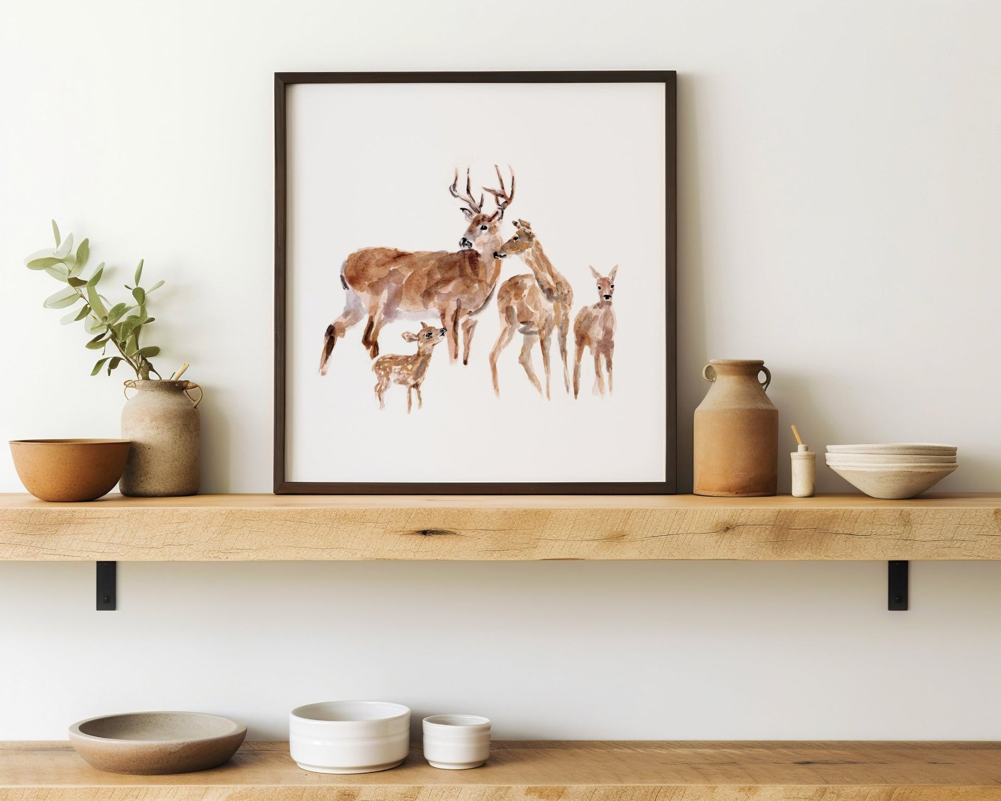 Deer Family of 4 Woodland Animal Watercolor Art Print - Art Prints - Moon Rock Prints