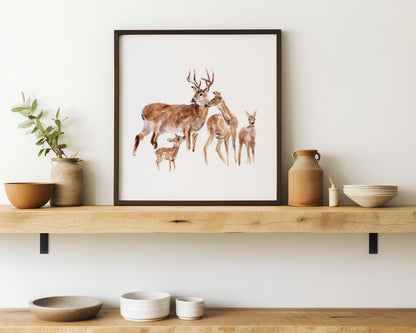 Deer Family of 4 Woodland Animal Watercolor Art Print - Art Prints - Moon Rock Prints