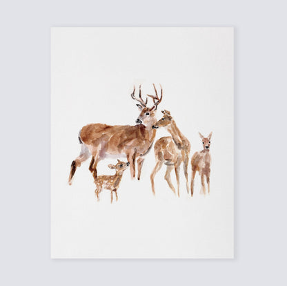 Deer Family of 4 Woodland Animal Watercolor Art Print - Art Prints - Moon Rock Prints