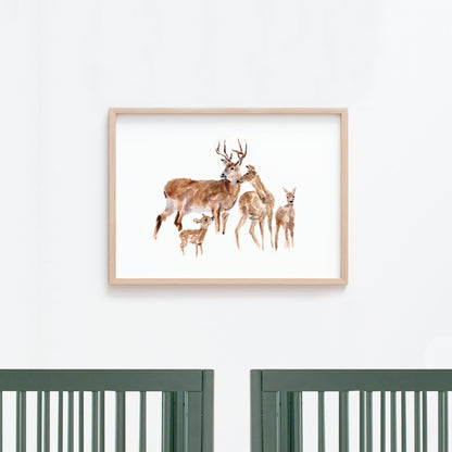 Deer Family of 4 Woodland Animal Watercolor Art Print - Art Prints - Moon Rock Prints