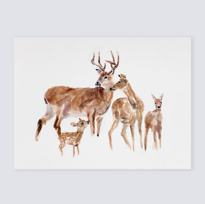 Deer Family of 4 Woodland Animal Watercolor Art Print - Art Prints - Moon Rock Prints