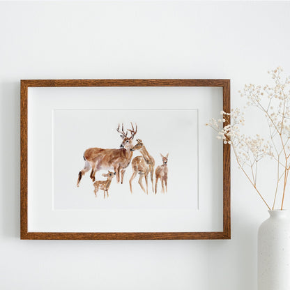 Deer Family of 4 Woodland Animal Watercolor Art Print - Art Prints - Moon Rock Prints