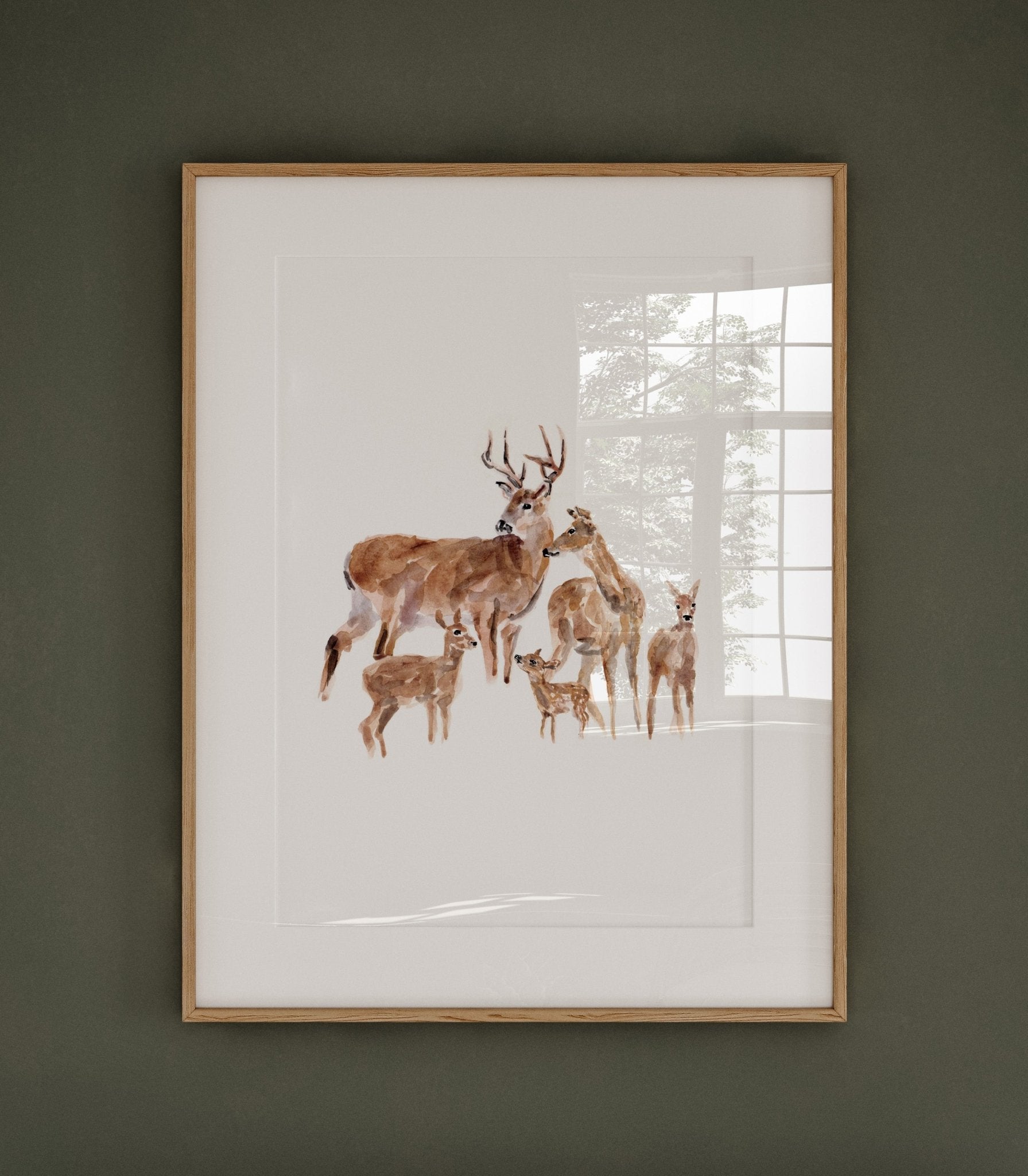 Deer Family of 5 Woodland Animal Watercolor Art Print - Art Prints - Moon Rock Prints