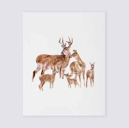 Deer Family of 5 Woodland Animal Watercolor Art Print - Art Prints - Moon Rock Prints