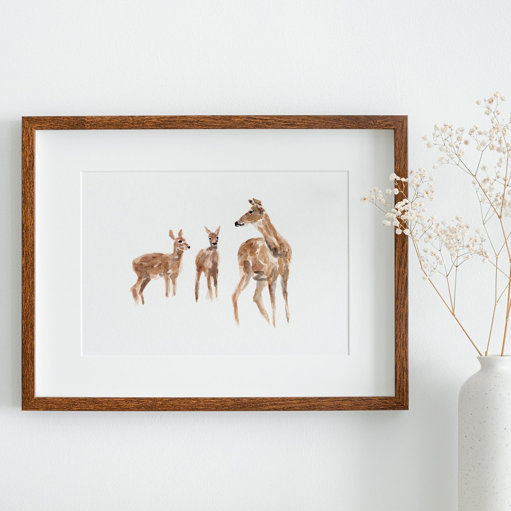 Deer & Two Cubs Woodland Animal Watercolor Art Print - Art Prints - Moon Rock Prints