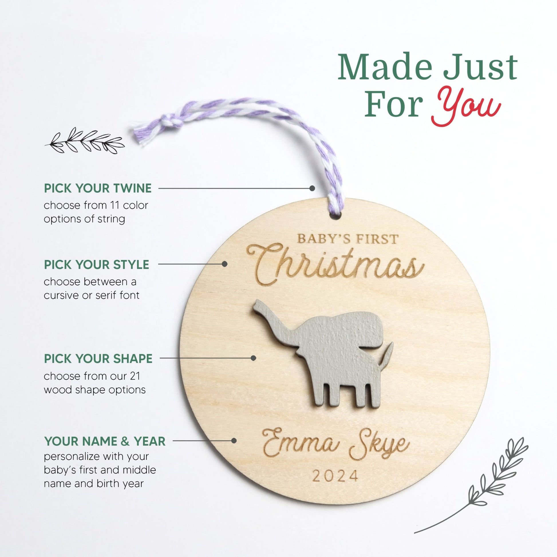 Elephant Baby's First Christmas Ornament Personalized - Holiday Ornaments - Moon Rock Prints