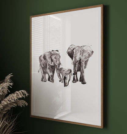 Elephant Family of 3 Safari Animal Watercolor Art Print - Art Prints - Moon Rock Prints