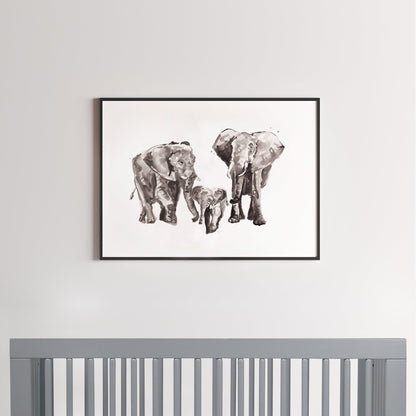 Elephant Family of 3 Safari Animal Watercolor Art Print - Art Prints - Moon Rock Prints