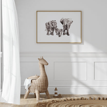 Elephant Family of 3 Safari Animal Watercolor Art Print - Art Prints - Moon Rock Prints