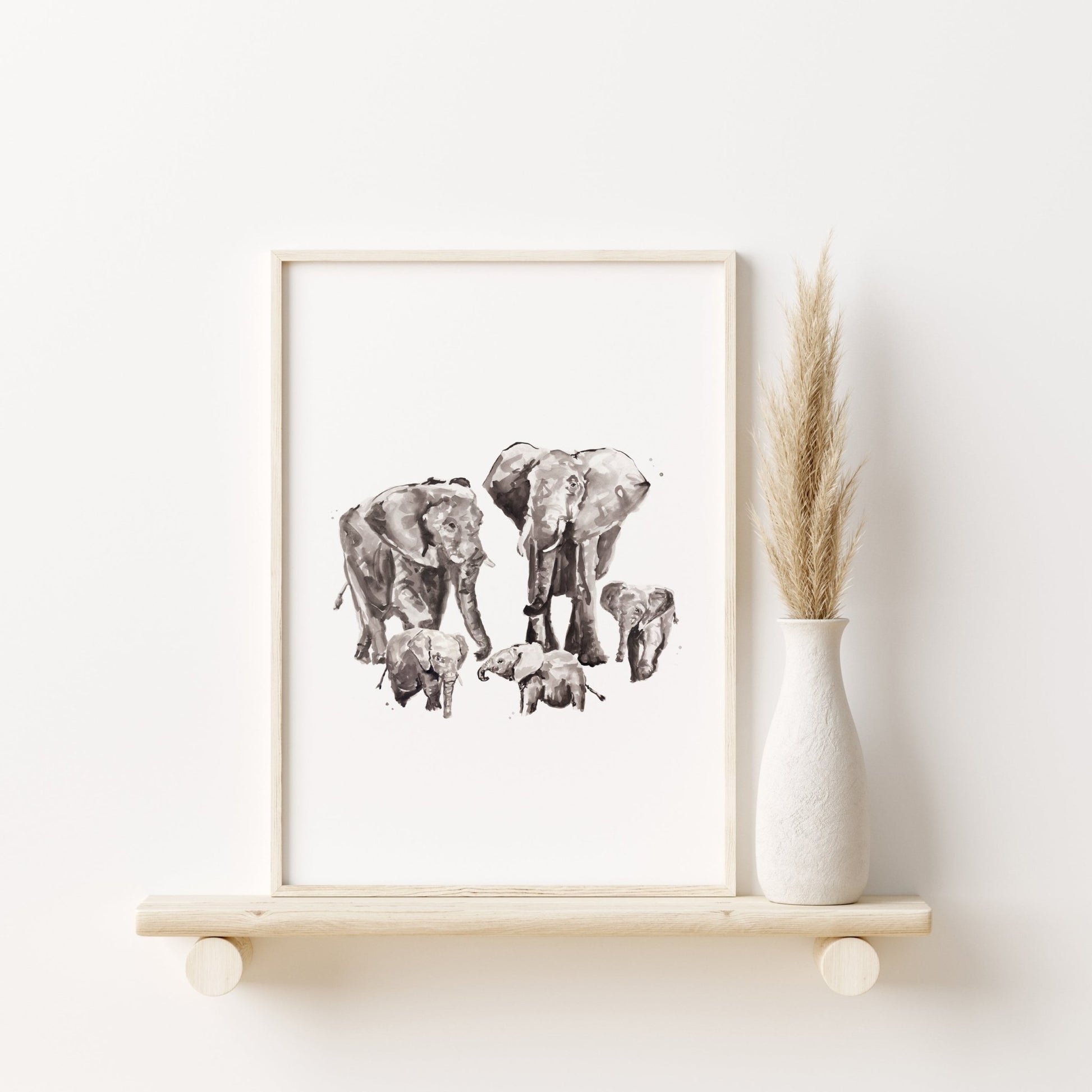 Elephant Family of 5 Safari Animal Watercolor Art Print - Art Prints - Moon Rock Prints