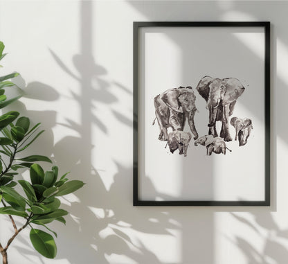 Elephant Family of 5 Safari Animal Watercolor Art Print - Art Prints - Moon Rock Prints