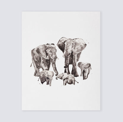 Elephant Family of 5 Safari Animal Watercolor Art Print - Art Prints - Moon Rock Prints