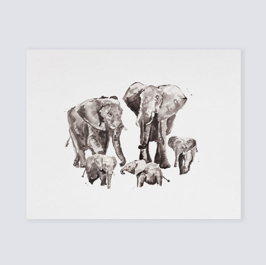 Elephant Family of 5 Safari Animal Watercolor Art Print - Art Prints - Moon Rock Prints