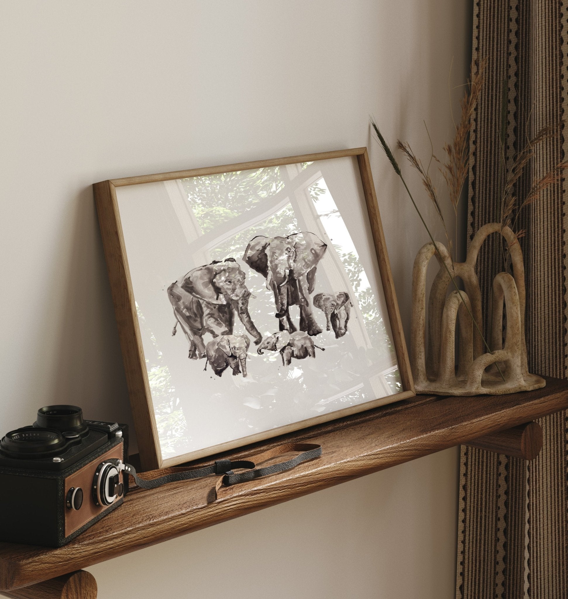 Elephant Family of 5 Safari Animal Watercolor Art Print - Art Prints - Moon Rock Prints