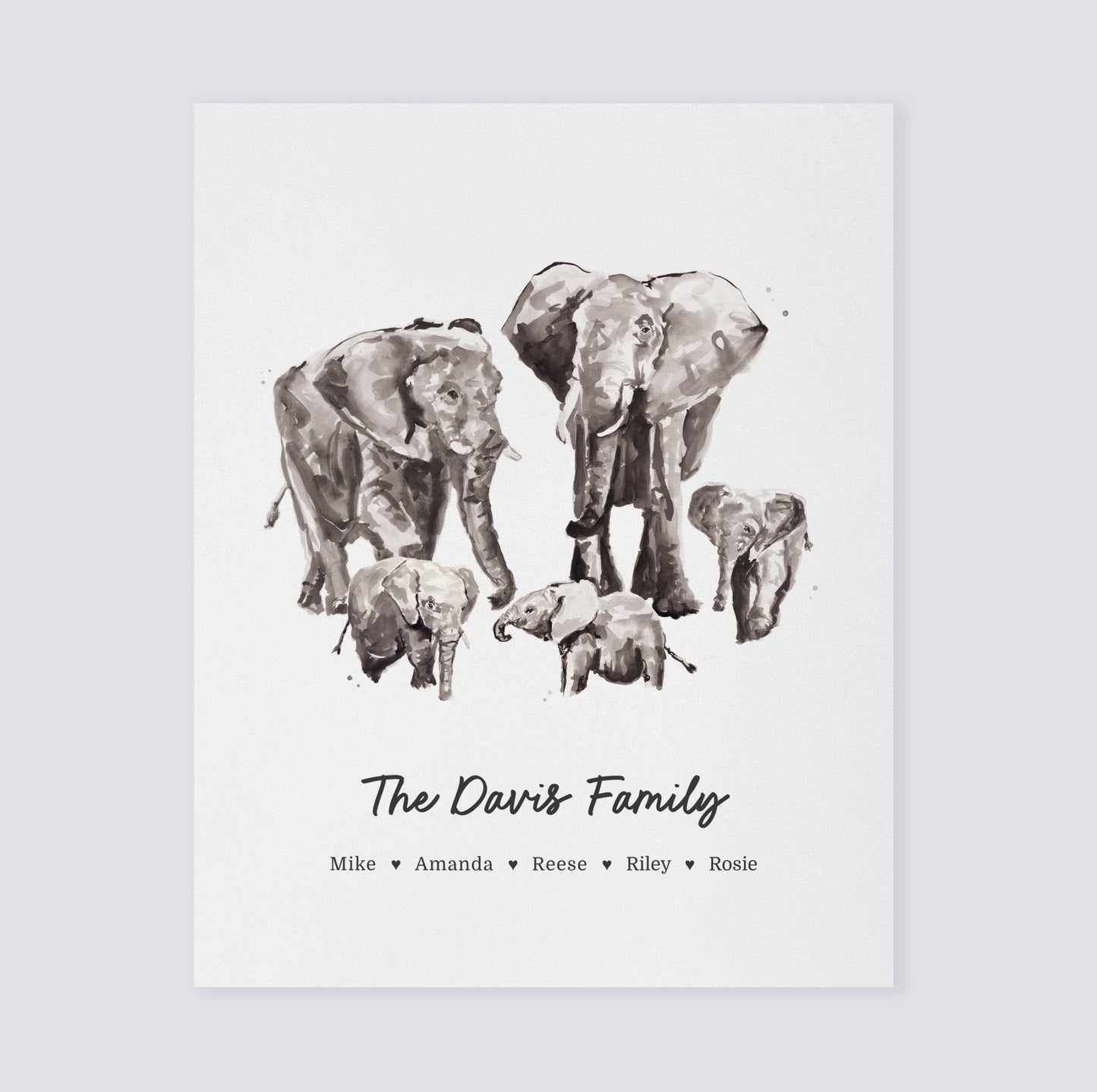 Elephant Family Personalized Watercolor Art Print - Art Prints - Moon Rock Prints