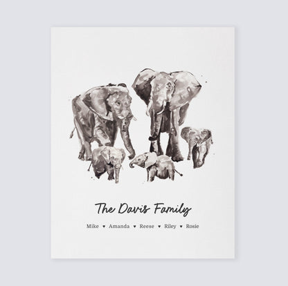 Elephant Family Personalized Watercolor Art Print - Art Prints - Moon Rock Prints