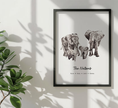 Elephant Family Personalized Watercolor Art Print - Art Prints - Moon Rock Prints