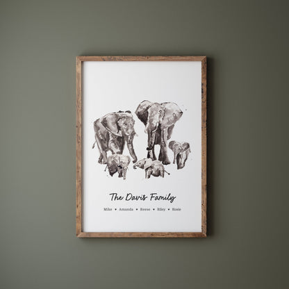 Elephant Family Personalized Watercolor Art Print - Art Prints - Moon Rock Prints