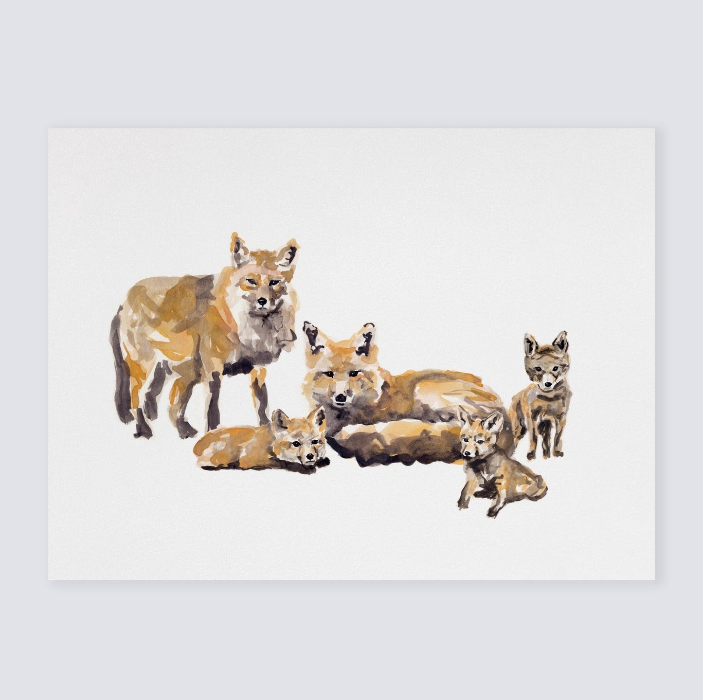 Fox Family of 5 Woodland Animal Watercolor Art Print - Art Prints - Moon Rock Prints