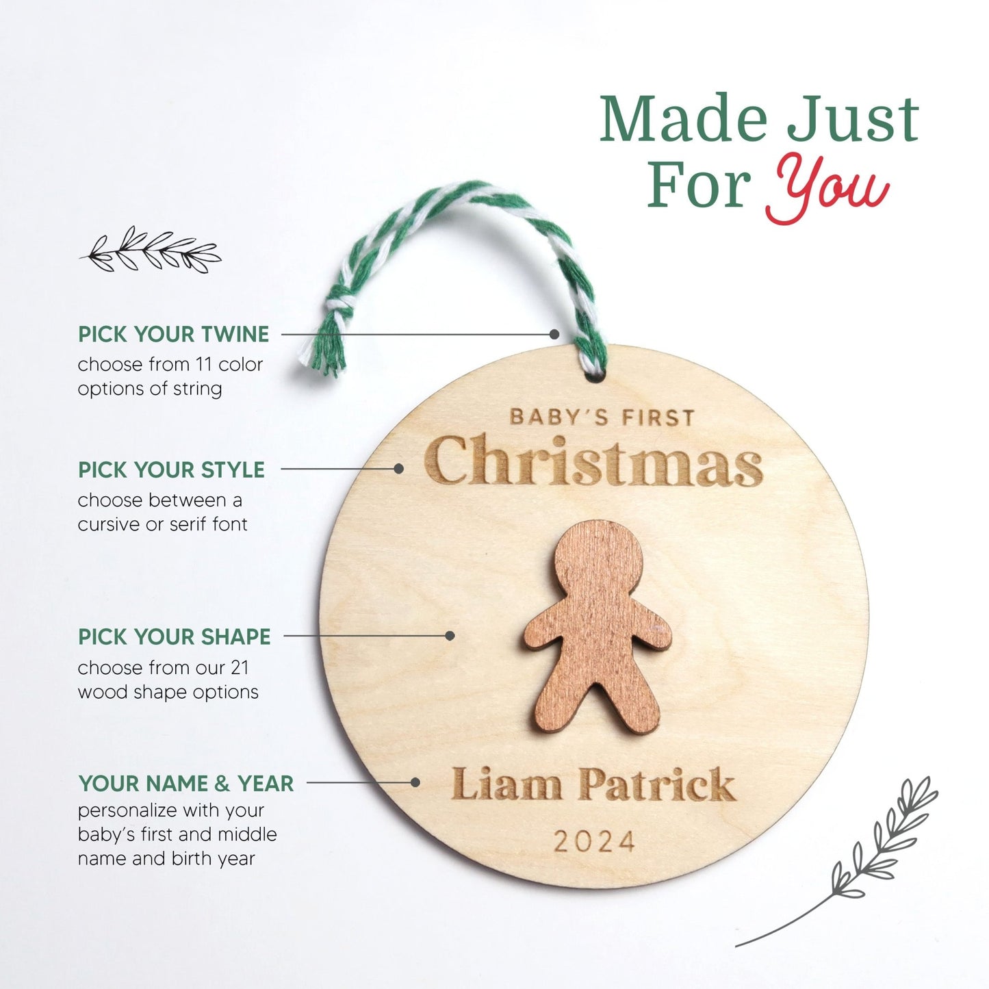 Gingerbread Boy Baby's First Christmas Ornament Personalized - Holiday Ornaments - Moon Rock Prints