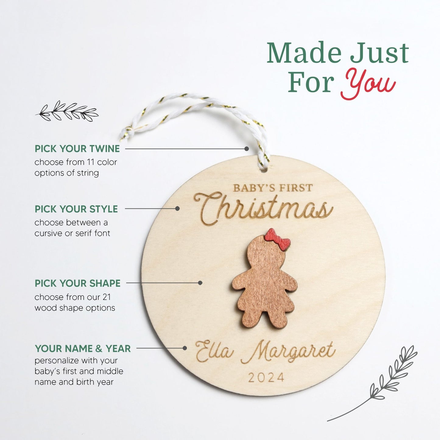 Gingerbread Girl Baby's First Christmas Ornament Personalized - Holiday Ornaments - Moon Rock Prints