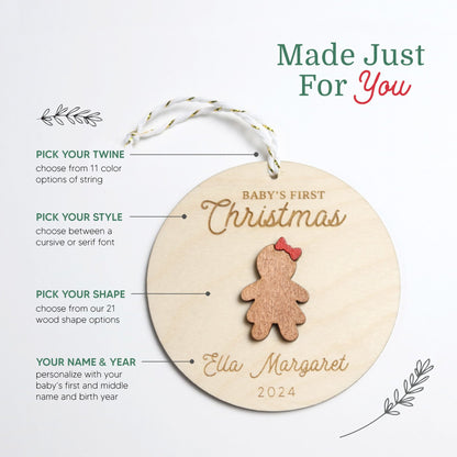 Gingerbread Girl Baby's First Christmas Ornament Personalized - Holiday Ornaments - Moon Rock Prints