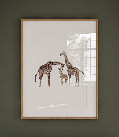 Giraffe Family of 3 Safari Animal Watercolor Art Print - Art Prints - Moon Rock Prints