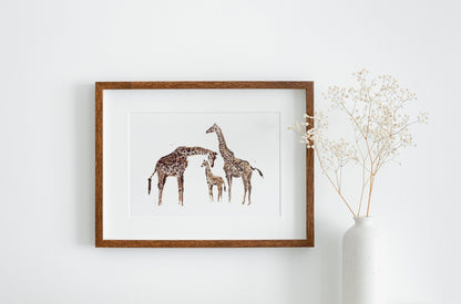 Giraffe Family of 3 Safari Animal Watercolor Art Print - Art Prints - Moon Rock Prints