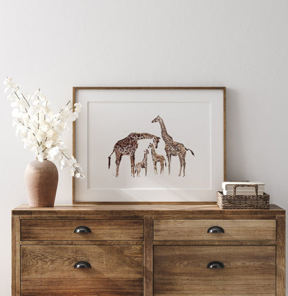 Giraffe Family of 4 Safari Animal Watercolor Art Print - Art Prints - Moon Rock Prints