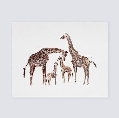 Giraffe Family of 4 Safari Animal Watercolor Art Print - Art Prints - Moon Rock Prints